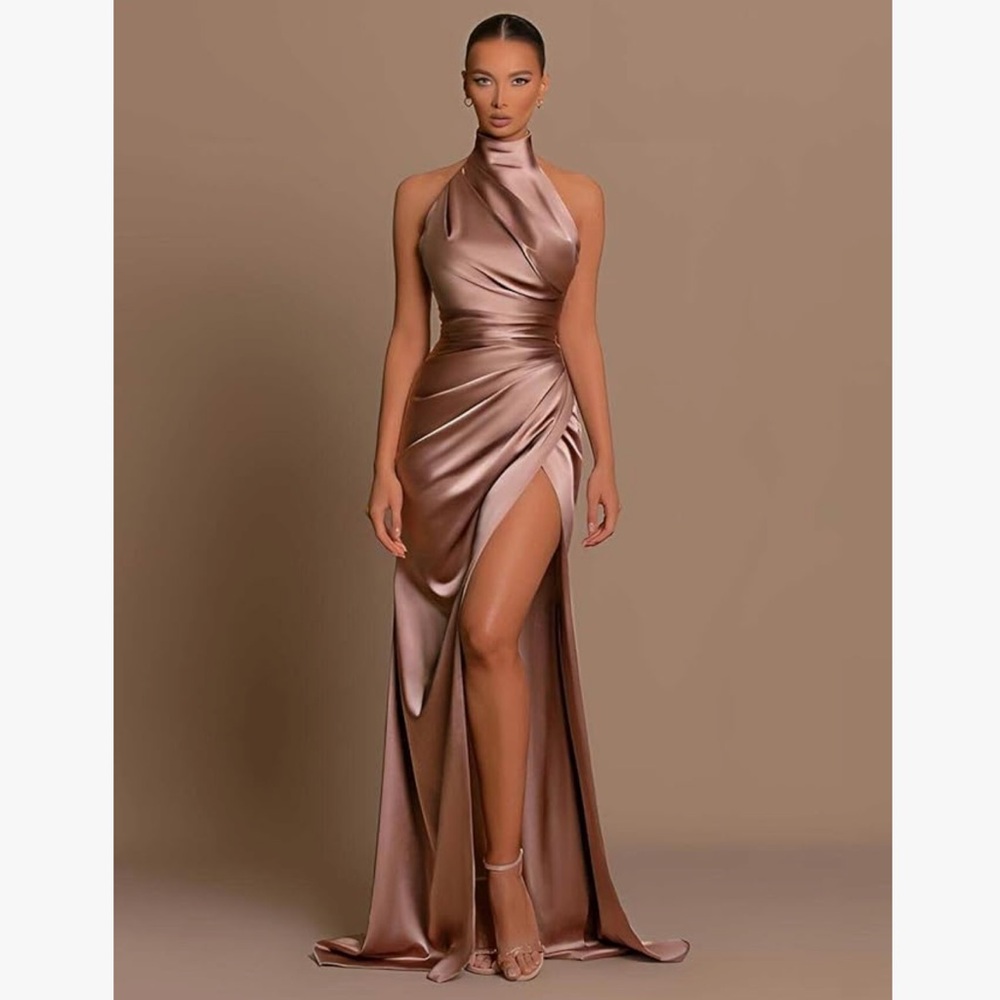 Blush Pink Satin Dress Gown Bridesmaid Prom Halter Pleated Mermaid Corset slit - Picture 2 of 10